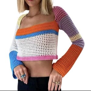 Scarlet And Sam Multicolor Crochet Bell Sleeve Crop Sweater Sz L